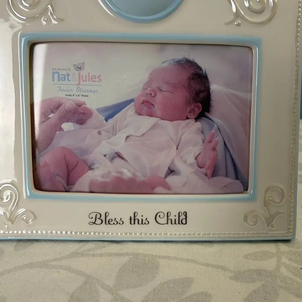 DEMDACO Nat & Jules Bless This Child Ceramic Baby 4x6 Picture Frame Nursery